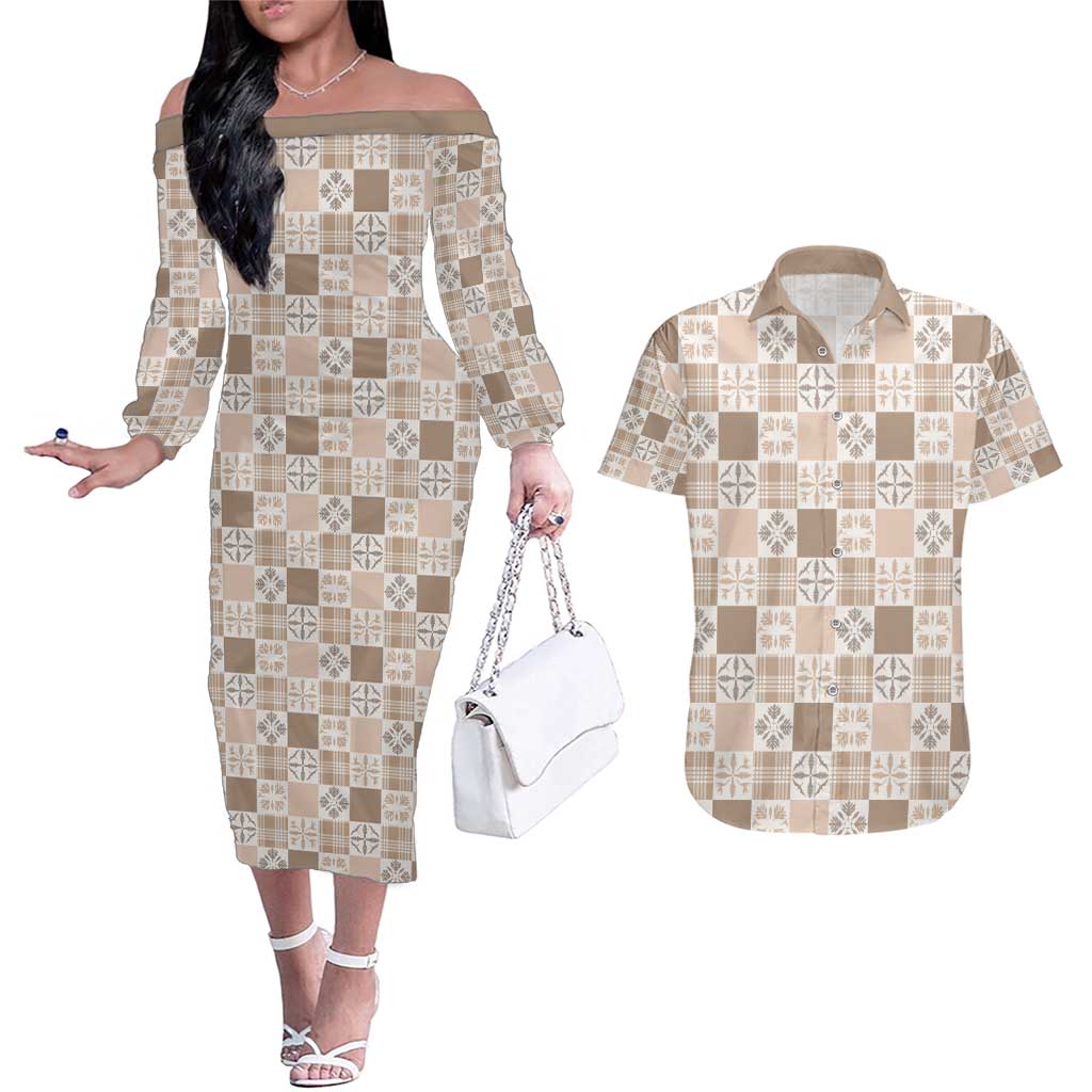 Hawaiian Palaka Quilt Pattern Couples Matching Off The Shoulder Long Sleeve Dress and Hawaiian Shirt Hawaii Culture Bird of Paradise Exotic Motif - Polynesian Pride