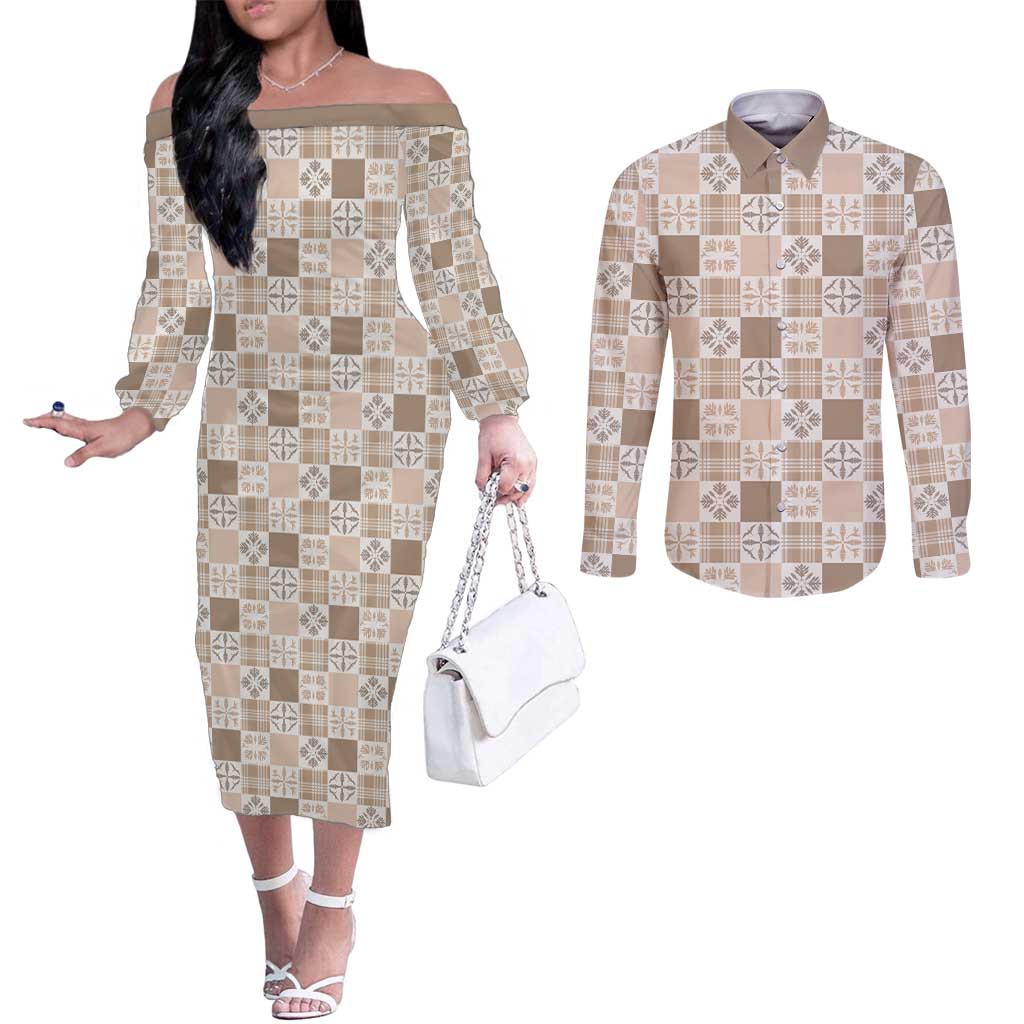 Hawaiian Palaka Quilt Pattern Couples Matching Off The Shoulder Long Sleeve Dress and Long Sleeve Button Shirt Hawaii Culture Bird of Paradise Exotic Motif - Polynesian Pride