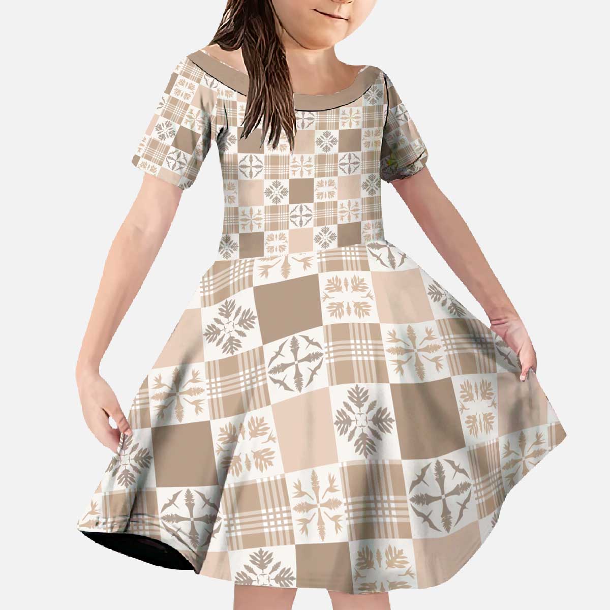 Hawaiian Palaka Quilt Pattern Family Matching Off The Shoulder Long Sleeve Dress and Hawaiian Shirt Hawaii Culture Bird of Paradise Exotic Motif - Polynesian Pride