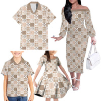 Hawaiian Palaka Quilt Pattern Family Matching Off The Shoulder Long Sleeve Dress and Hawaiian Shirt Hawaii Culture Bird of Paradise Exotic Motif - Polynesian Pride