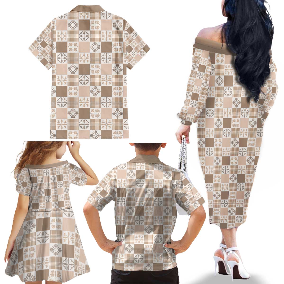 Hawaiian Palaka Quilt Pattern Family Matching Off The Shoulder Long Sleeve Dress and Hawaiian Shirt Hawaii Culture Bird of Paradise Exotic Motif - Polynesian Pride