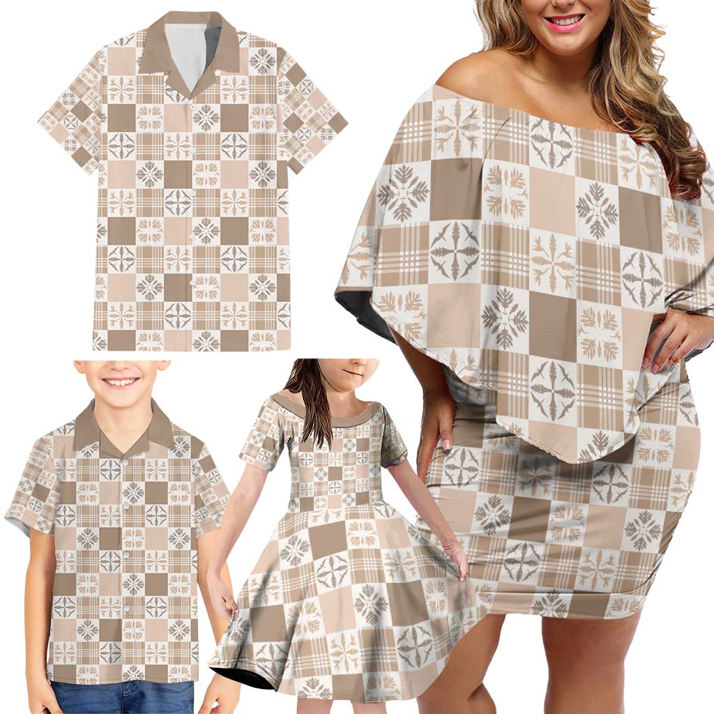 Hawaiian Palaka Quilt Pattern Family Matching Off Shoulder Short Dress and Hawaiian Shirt Hawaii Culture Bird of Paradise Exotic Motif - Polynesian Pride