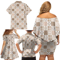 Hawaiian Palaka Quilt Pattern Family Matching Off Shoulder Short Dress and Hawaiian Shirt Hawaii Culture Bird of Paradise Exotic Motif - Polynesian Pride