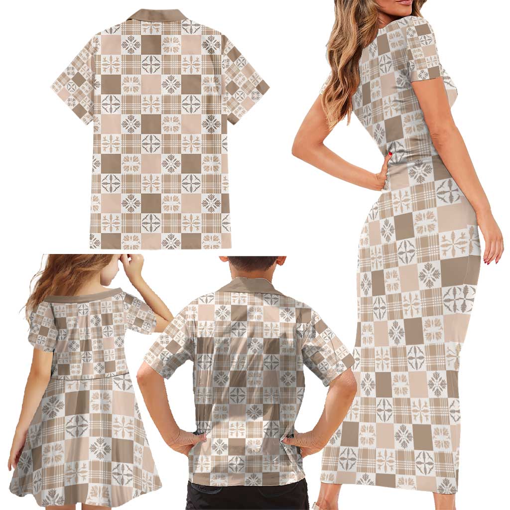 Hawaiian Palaka Quilt Pattern Family Matching Short Sleeve Bodycon Dress and Hawaiian Shirt Hawaii Culture Bird of Paradise Exotic Motif - Polynesian Pride