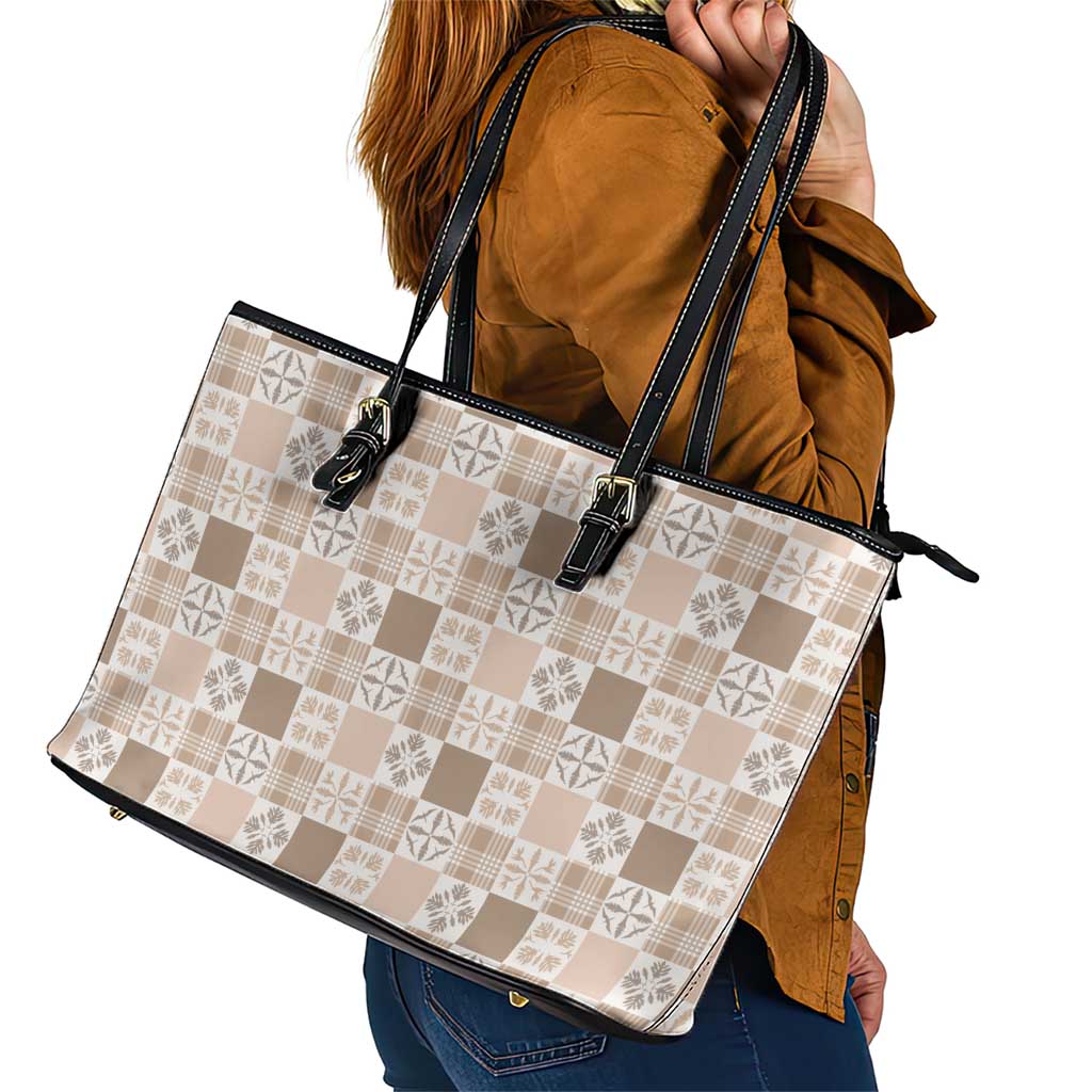 Hawaiian Palaka Quilt Pattern Leather Tote Bag Hawaii Culture Bird of Paradise Exotic Motif - Polynesian Pride