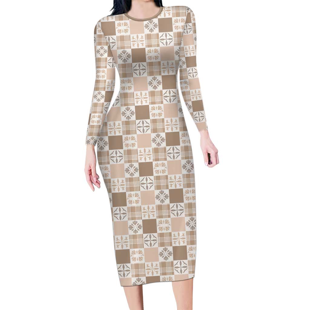 Hawaiian Palaka Quilt Pattern Long Sleeve Bodycon Dress Hawaii Culture Bird of Paradise Exotic Motif - Polynesian Pride