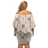 Hawaiian Palaka Quilt Pattern Off Shoulder Short Dress Hawaii Culture Bird of Paradise Exotic Motif - Polynesian Pride