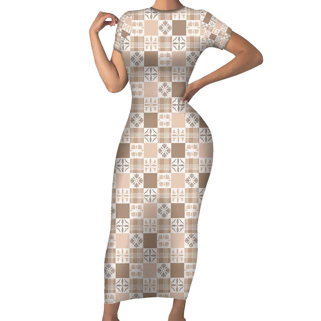 Hawaiian Palaka Quilt Pattern Short Sleeve Bodycon Dress Hawaii Culture Bird of Paradise Exotic Motif - Polynesian Pride