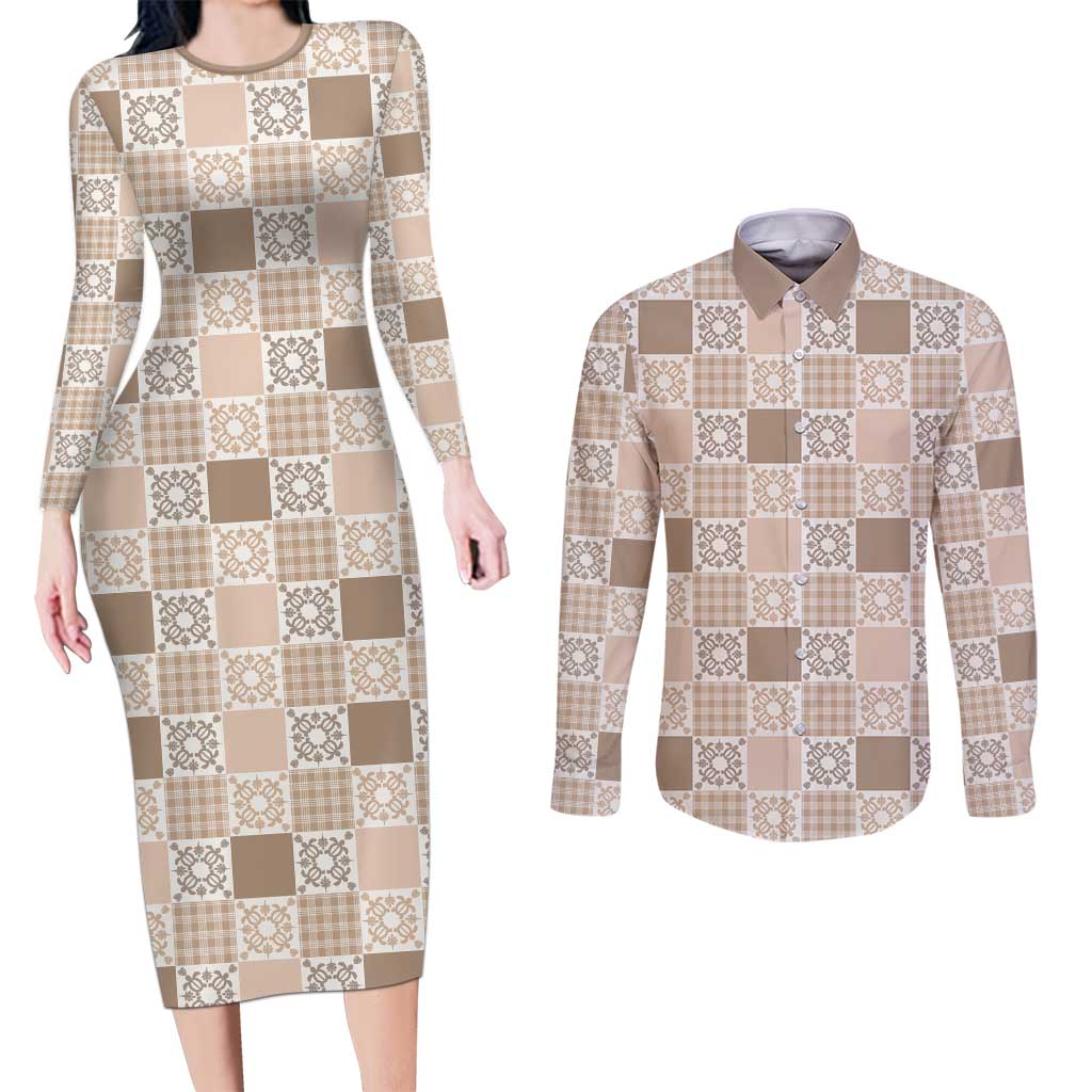 Hawaiian Palaka Quilt Pattern Couples Matching Long Sleeve Bodycon Dress and Long Sleeve Button Shirt Hawaii Culture Honu Turtle - Polynesian Pride