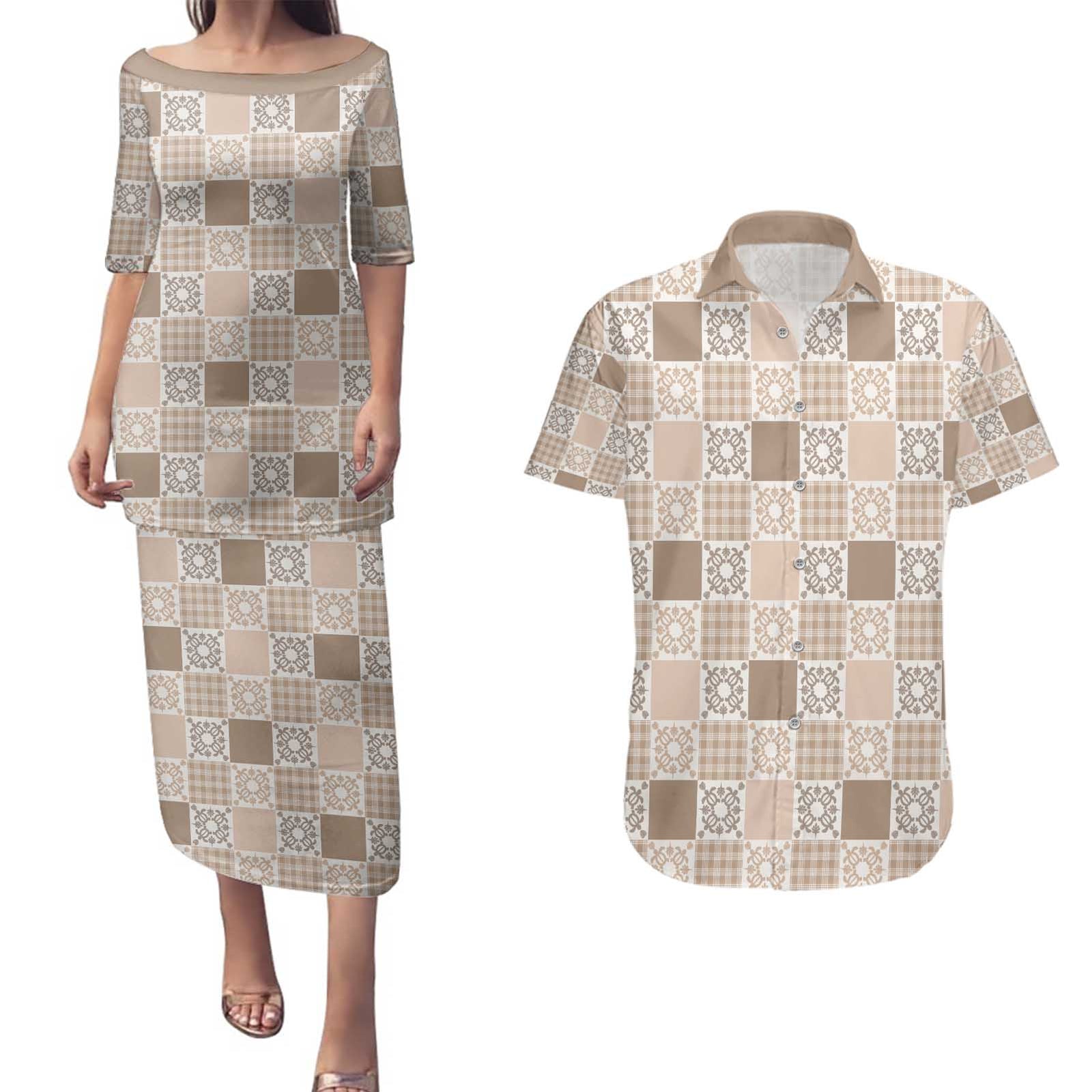 Hawaiian Palaka Quilt Pattern Couples Matching Puletasi and Hawaiian Shirt Hawaii Culture Honu Turtle - Polynesian Pride