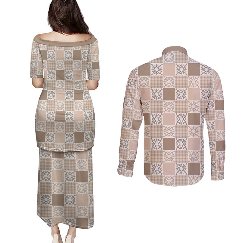 Hawaiian Palaka Quilt Pattern Couples Matching Puletasi and Long Sleeve Button Shirt Hawaii Culture Honu Turtle LT9 - Polynesian Pride