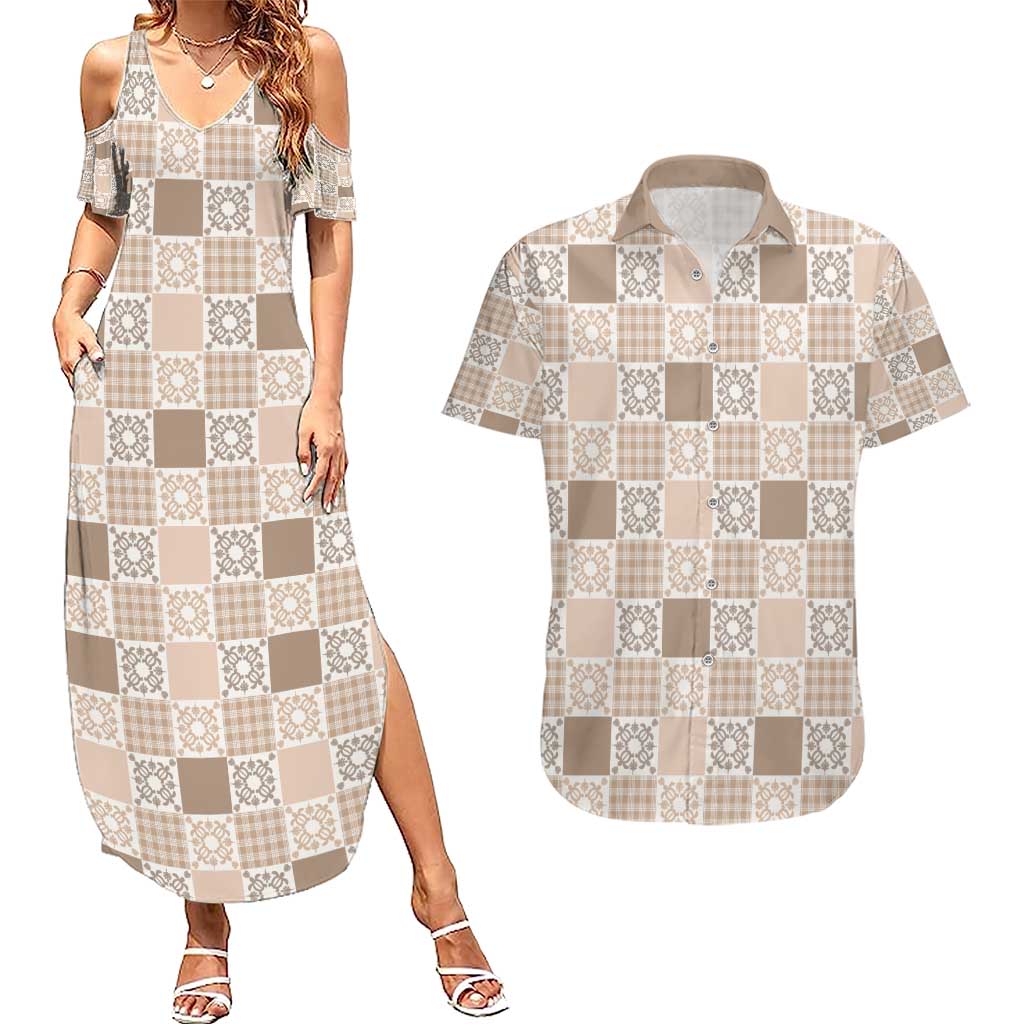 Hawaiian Palaka Quilt Pattern Couples Matching Summer Maxi Dress and Hawaiian Shirt Hawaii Culture Honu Turtle - Polynesian Pride