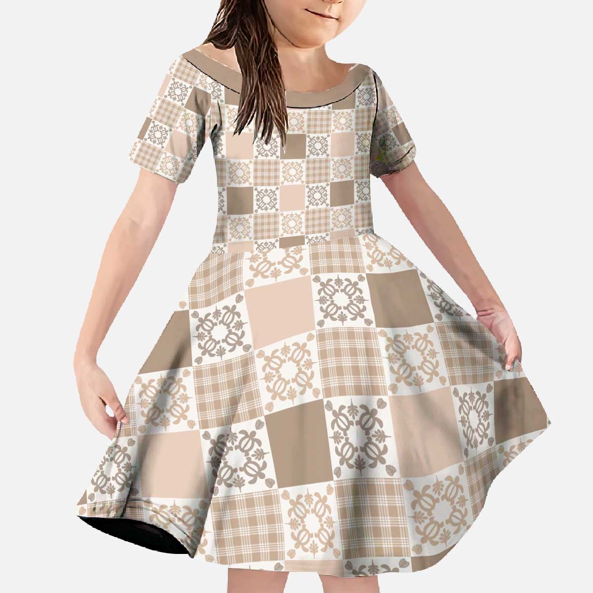 Hawaiian Palaka Quilt Pattern Family Matching Off The Shoulder Long Sleeve Dress and Hawaiian Shirt Hawaii Culture Honu Turtle - Polynesian Pride