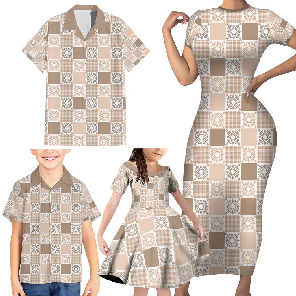 Hawaiian Palaka Quilt Pattern Family Matching Short Sleeve Bodycon Dress and Hawaiian Shirt Hawaii Culture Honu Turtle - Polynesian Pride