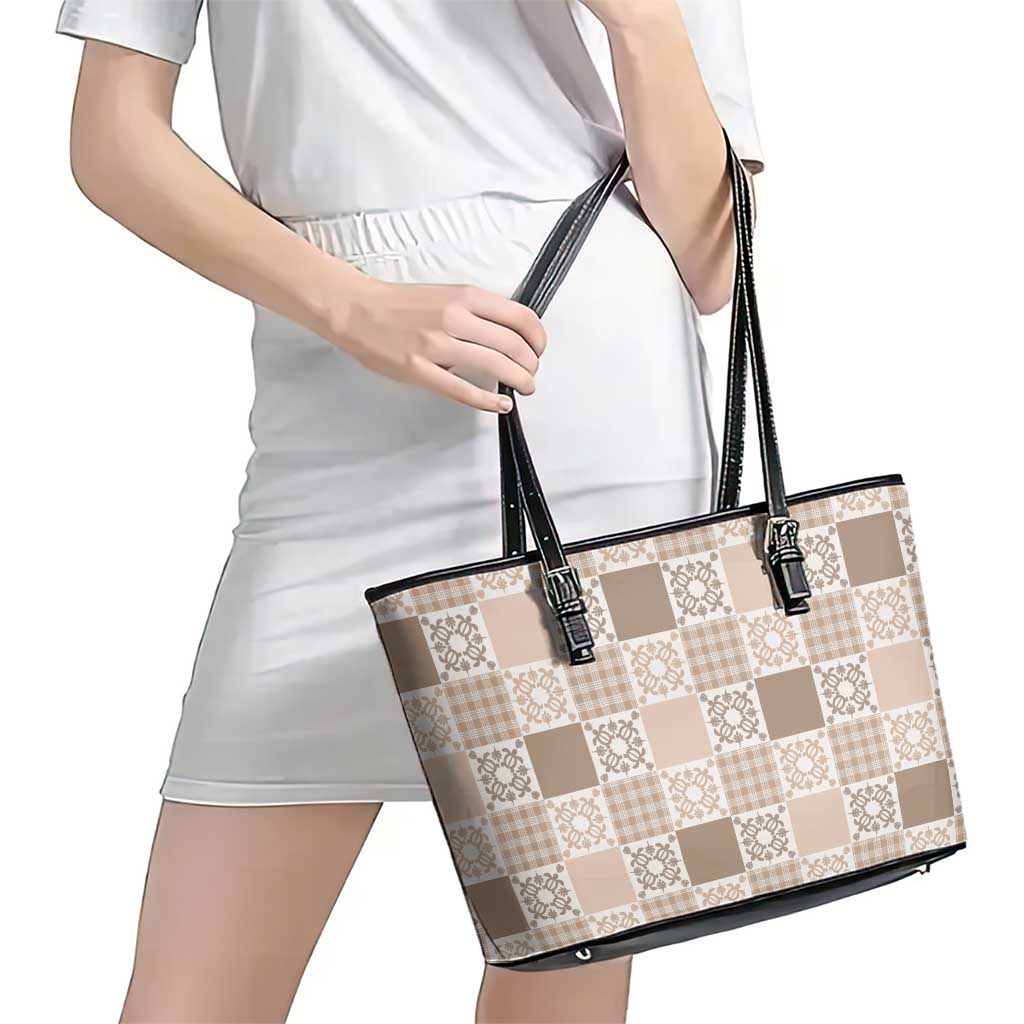 Hawaiian Palaka Quilt Pattern Leather Tote Bag Hawaii Culture Honu Turtle - Polynesian Pride