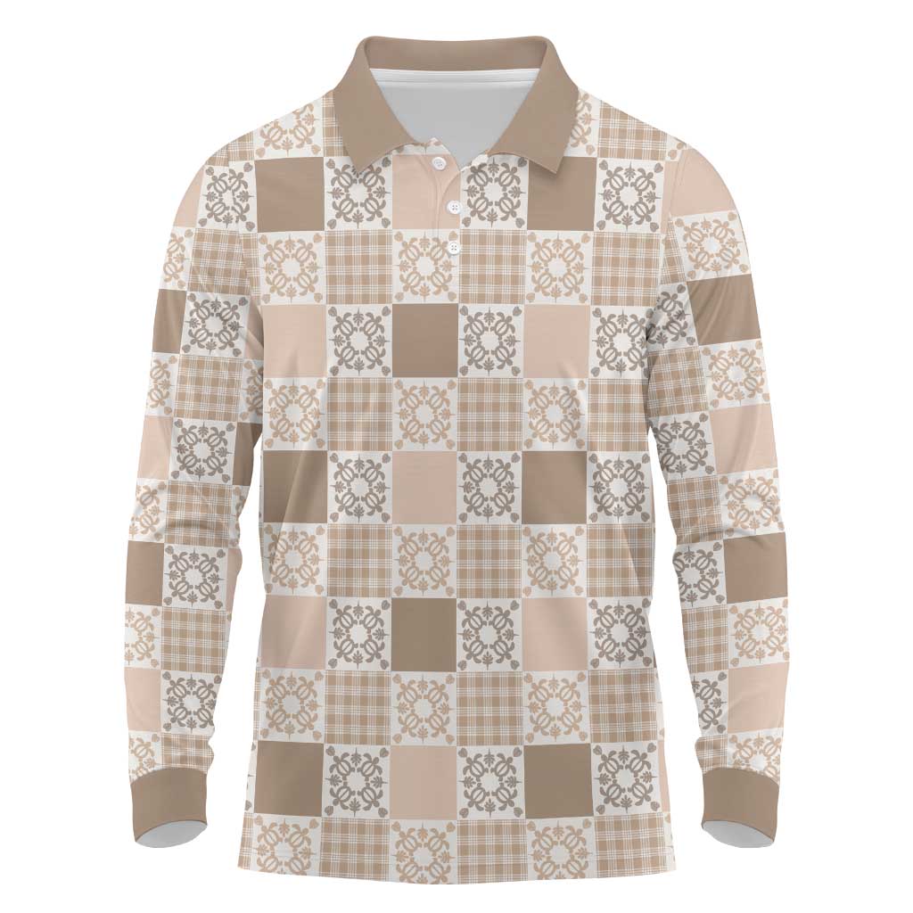 Hawaiian Palaka Quilt Pattern Long Sleeve Polo Shirt Hawaii Culture Honu Turtle - Polynesian Pride