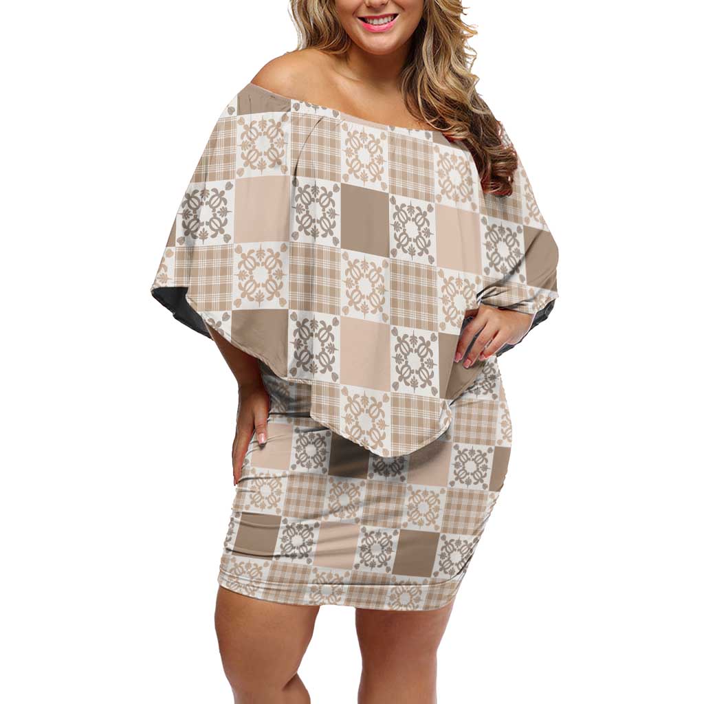 Hawaiian Palaka Quilt Pattern Off Shoulder Short Dress Hawaii Culture Honu Turtle - Polynesian Pride