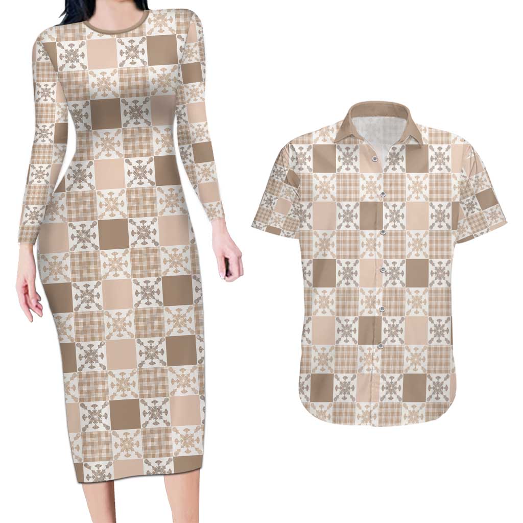 Hawaiian Palaka Quilt Pattern Couples Matching Long Sleeve Bodycon Dress and Hawaiian Shirt Hawaii Culture Pineapple - Polynesian Pride