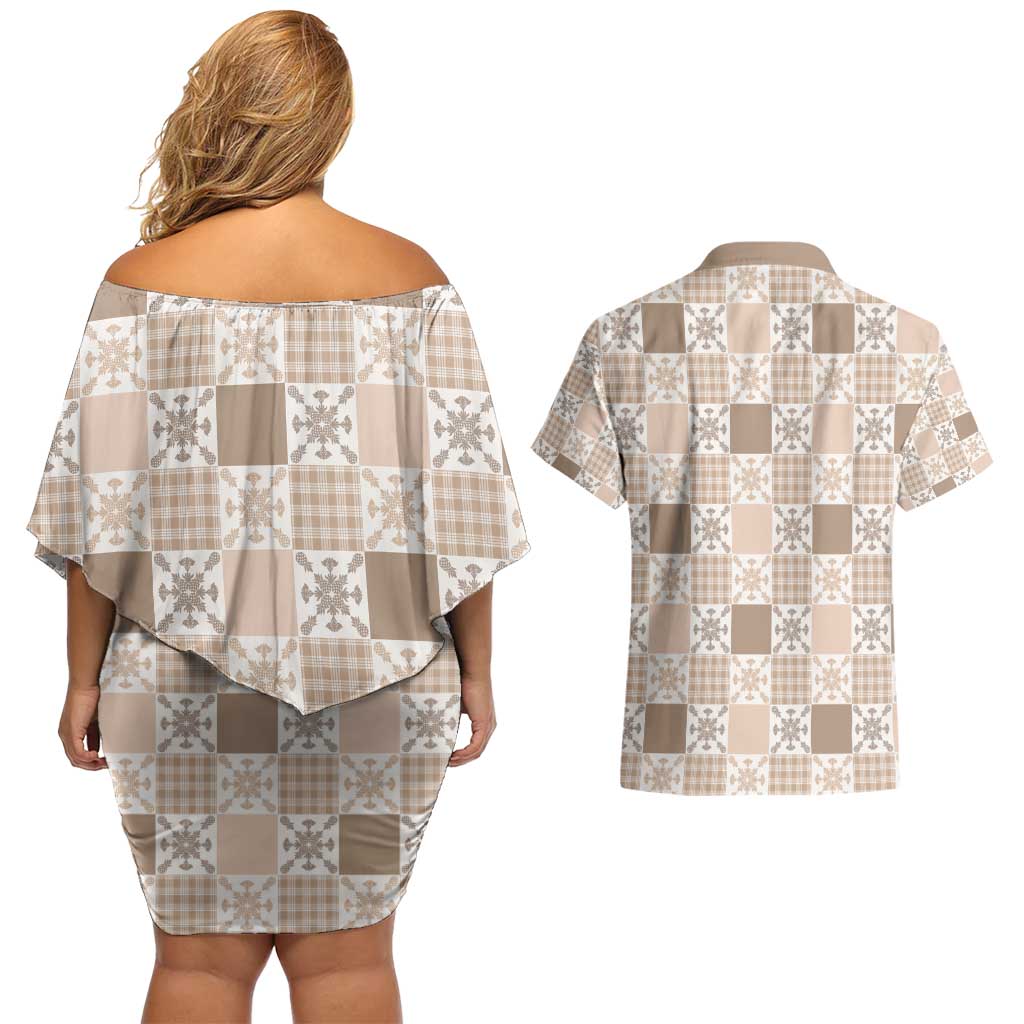 Hawaiian Palaka Quilt Pattern Couples Matching Off Shoulder Short Dress and Hawaiian Shirt Hawaii Culture Pineapple - Polynesian Pride