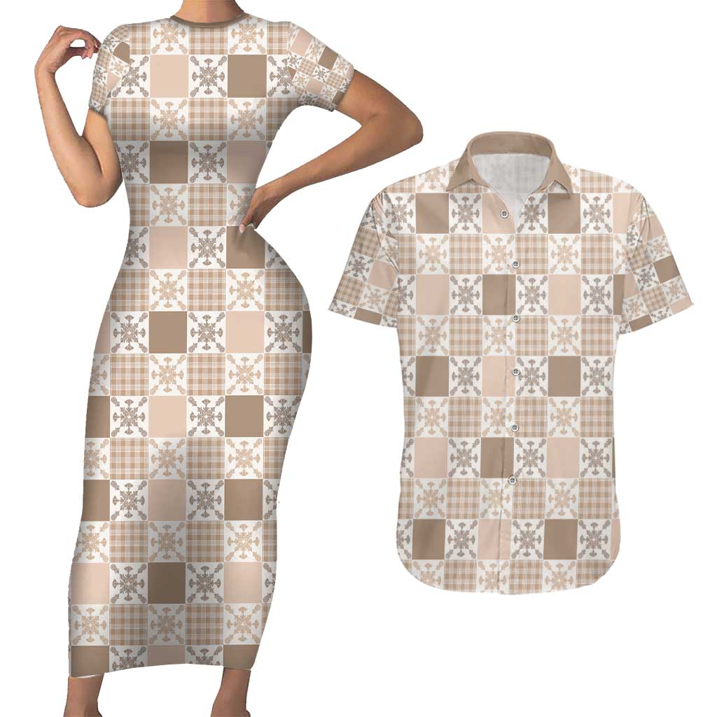 Hawaiian Palaka Quilt Pattern Couples Matching Short Sleeve Bodycon Dress and Hawaiian Shirt Hawaii Culture Pineapple - Polynesian Pride