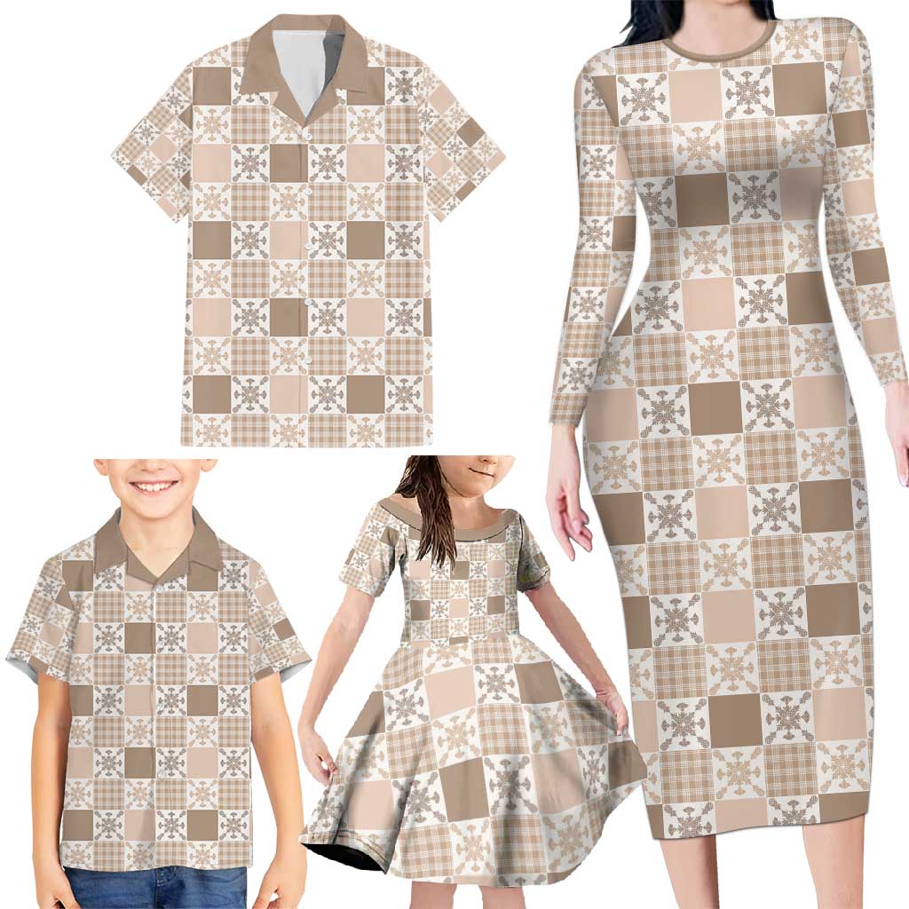 Hawaiian Palaka Quilt Pattern Family Matching Long Sleeve Bodycon Dress and Hawaiian Shirt Hawaii Culture Pineapple - Polynesian Pride