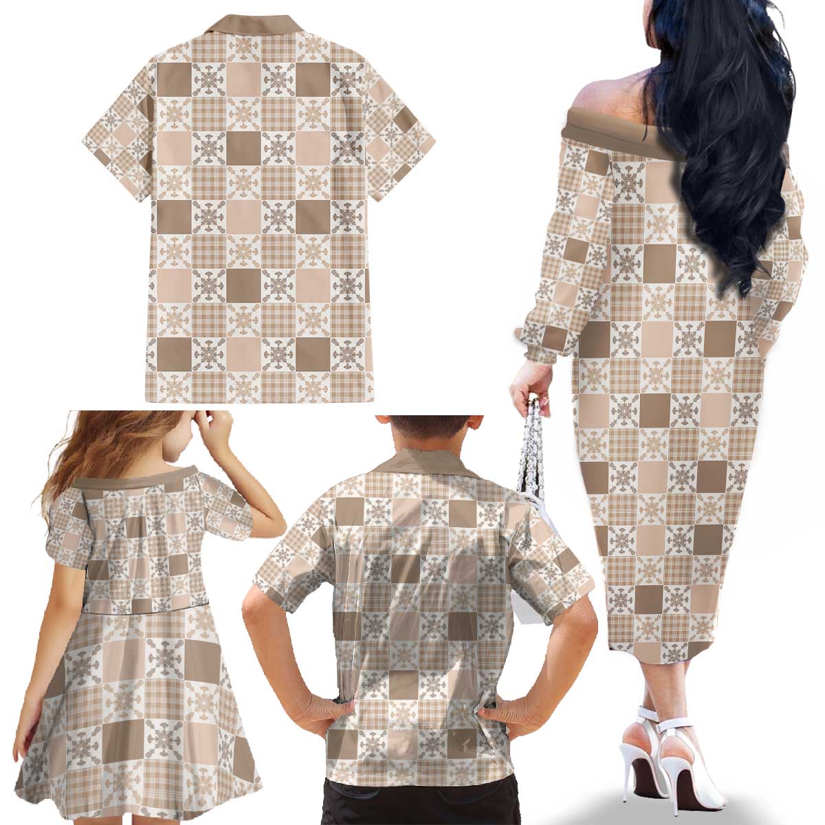 Hawaiian Palaka Quilt Pattern Family Matching Off The Shoulder Long Sleeve Dress and Hawaiian Shirt Hawaii Culture Pineapple - Polynesian Pride