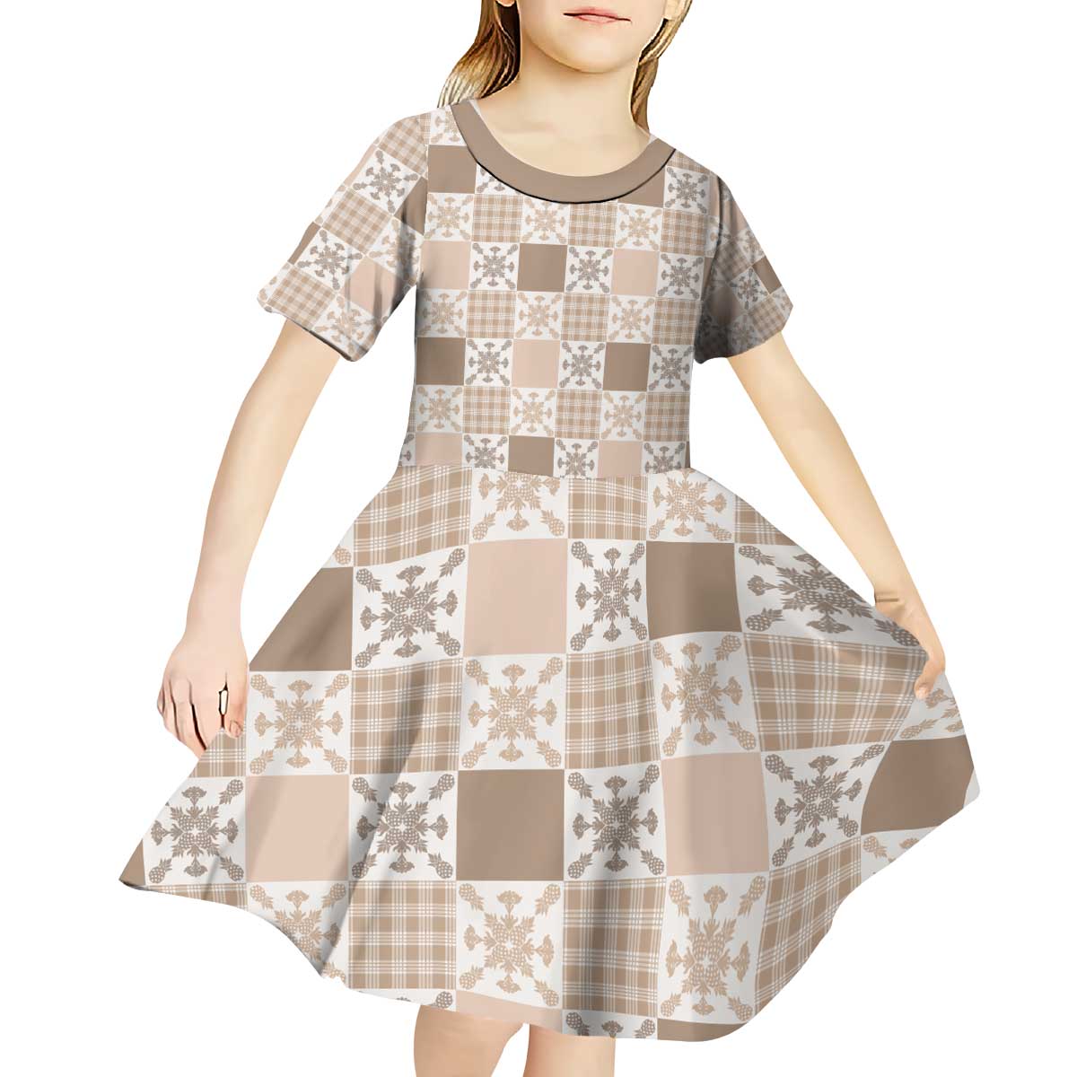 Hawaiian Palaka Quilt Pattern Kid Short Sleeve Dress Hawaii Culture Pineapple - Polynesian Pride