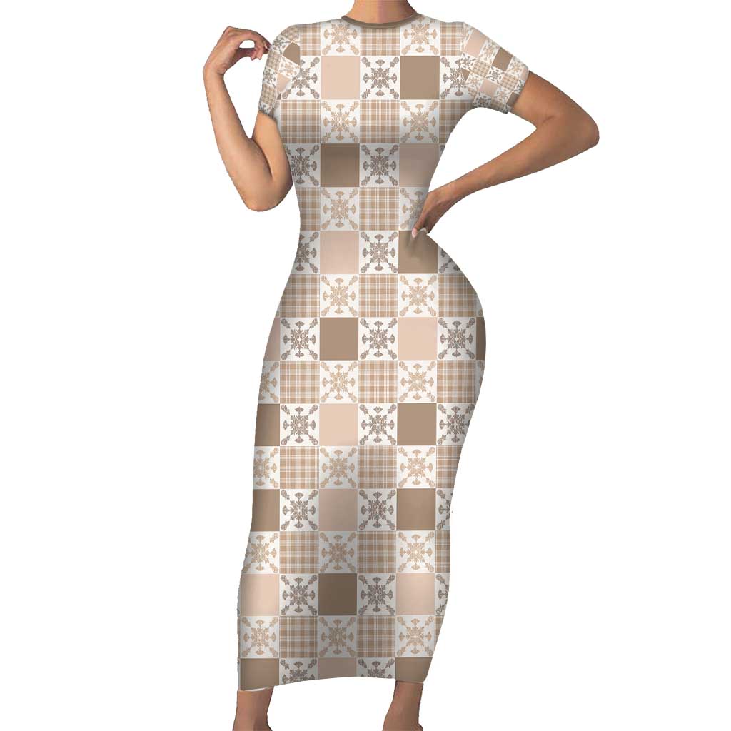 Hawaiian Palaka Quilt Pattern Short Sleeve Bodycon Dress Hawaii Culture Pineapple - Polynesian Pride