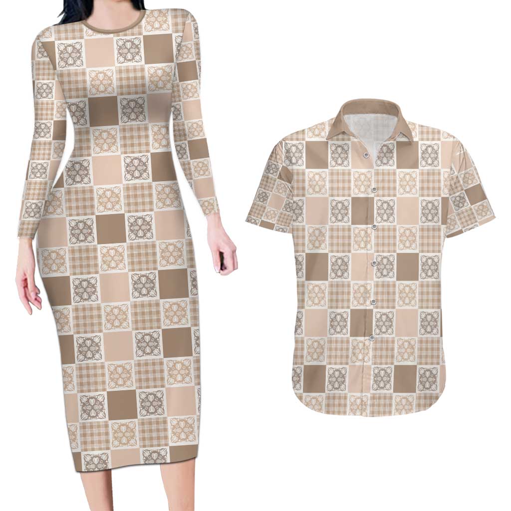 Hawaiian Palaka Quilt Pattern Couples Matching Long Sleeve Bodycon Dress and Hawaiian Shirt Hawaii Culture Tropical Flowers Mix - Polynesian Pride
