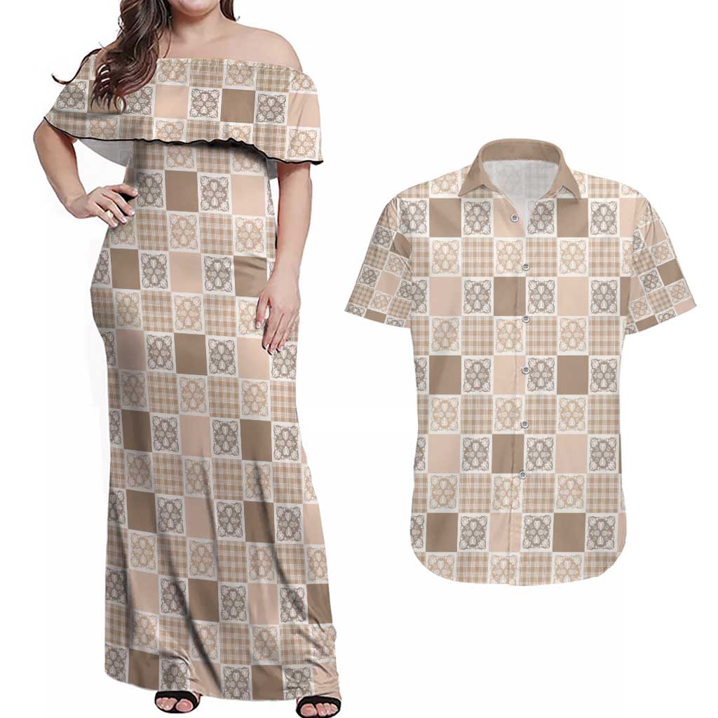 Hawaiian Palaka Quilt Pattern Couples Matching Off Shoulder Maxi Dress and Hawaiian Shirt Hawaii Culture Tropical Flowers Mix - Polynesian Pride
