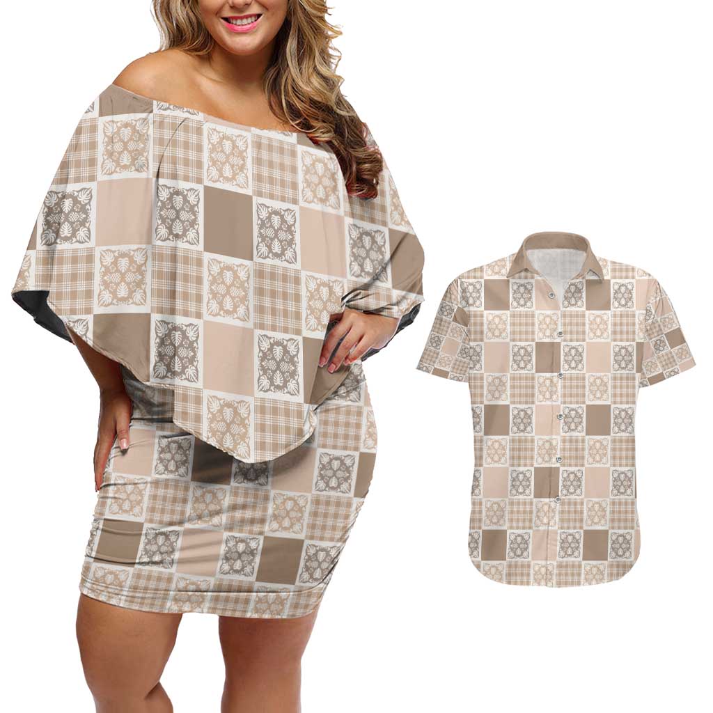 Hawaiian Palaka Quilt Pattern Couples Matching Off Shoulder Short Dress and Hawaiian Shirt Hawaii Culture Tropical Flowers Mix - Polynesian Pride