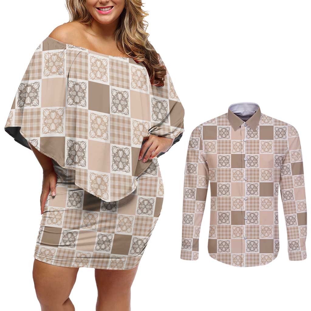 Hawaiian Palaka Quilt Pattern Couples Matching Off Shoulder Short Dress and Long Sleeve Button Shirt Hawaii Culture Tropical Flowers Mix - Polynesian Pride