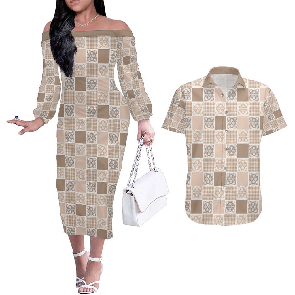 Hawaiian Palaka Quilt Pattern Couples Matching Off The Shoulder Long Sleeve Dress and Hawaiian Shirt Hawaii Culture Tropical Flowers Mix - Polynesian Pride