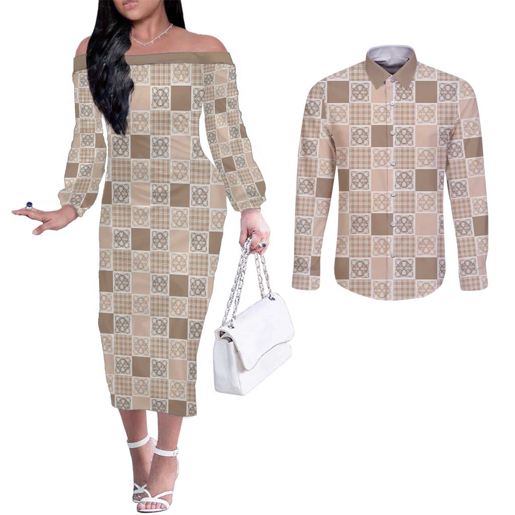 Hawaiian Palaka Quilt Pattern Couples Matching Off The Shoulder Long Sleeve Dress and Long Sleeve Button Shirt Hawaii Culture Tropical Flowers Mix - Polynesian Pride
