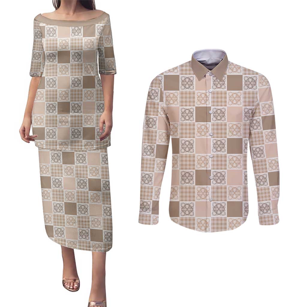 Hawaiian Palaka Quilt Pattern Couples Matching Puletasi and Long Sleeve Button Shirt Hawaii Culture Tropical Flowers Mix - Polynesian Pride
