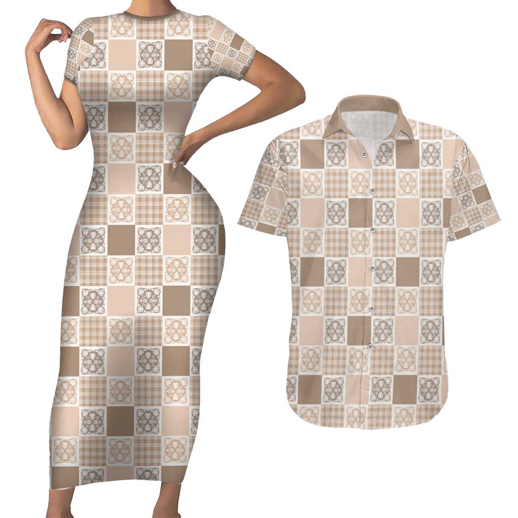Hawaiian Palaka Quilt Pattern Couples Matching Short Sleeve Bodycon Dress and Hawaiian Shirt Hawaii Culture Tropical Flowers Mix - Polynesian Pride