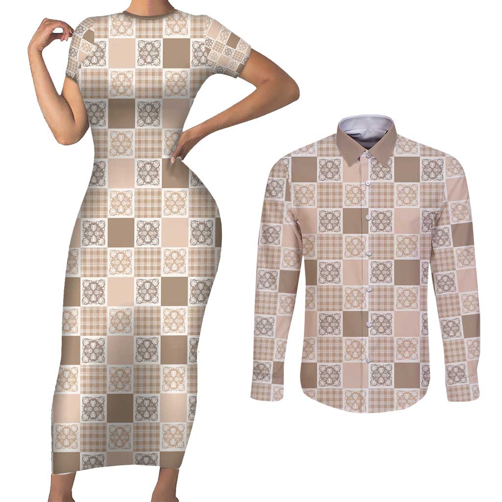 Hawaiian Palaka Quilt Pattern Couples Matching Short Sleeve Bodycon Dress and Long Sleeve Button Shirt Hawaii Culture Tropical Flowers Mix - Polynesian Pride