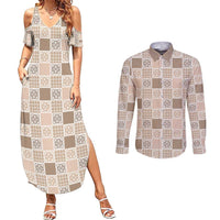 Hawaiian Palaka Quilt Pattern Couples Matching Summer Maxi Dress and Long Sleeve Button Shirt Hawaii Culture Tropical Flowers Mix - Polynesian Pride