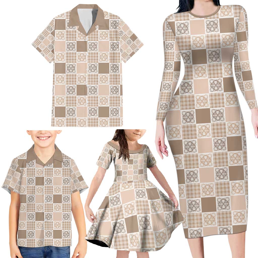 Hawaiian Palaka Quilt Pattern Family Matching Long Sleeve Bodycon Dress and Hawaiian Shirt Hawaii Culture Tropical Flowers Mix - Polynesian Pride