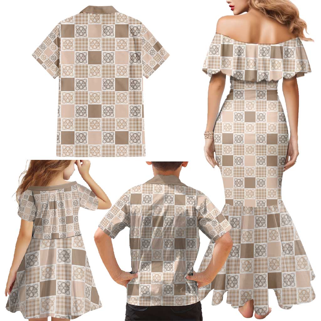 Hawaiian Palaka Quilt Pattern Family Matching Mermaid Dress and Hawaiian Shirt Hawaii Culture Tropical Flowers Mix - Polynesian Pride