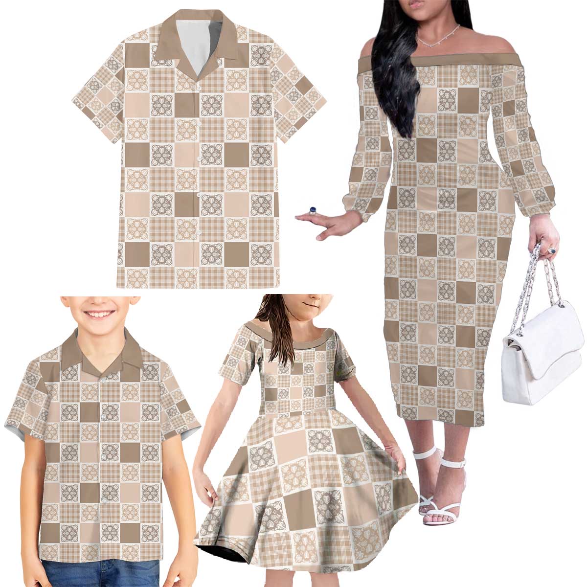 Hawaiian Palaka Quilt Pattern Family Matching Off The Shoulder Long Sleeve Dress and Hawaiian Shirt Hawaii Culture Tropical Flowers Mix - Polynesian Pride