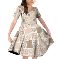 Hawaiian Palaka Quilt Pattern Family Matching Off Shoulder Short Dress and Hawaiian Shirt Hawaii Culture Tropical Flowers Mix - Polynesian Pride