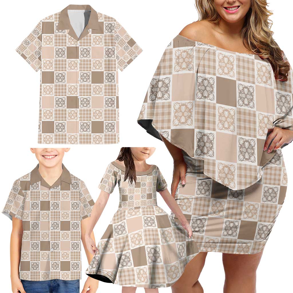Hawaiian Palaka Quilt Pattern Family Matching Off Shoulder Short Dress and Hawaiian Shirt Hawaii Culture Tropical Flowers Mix - Polynesian Pride