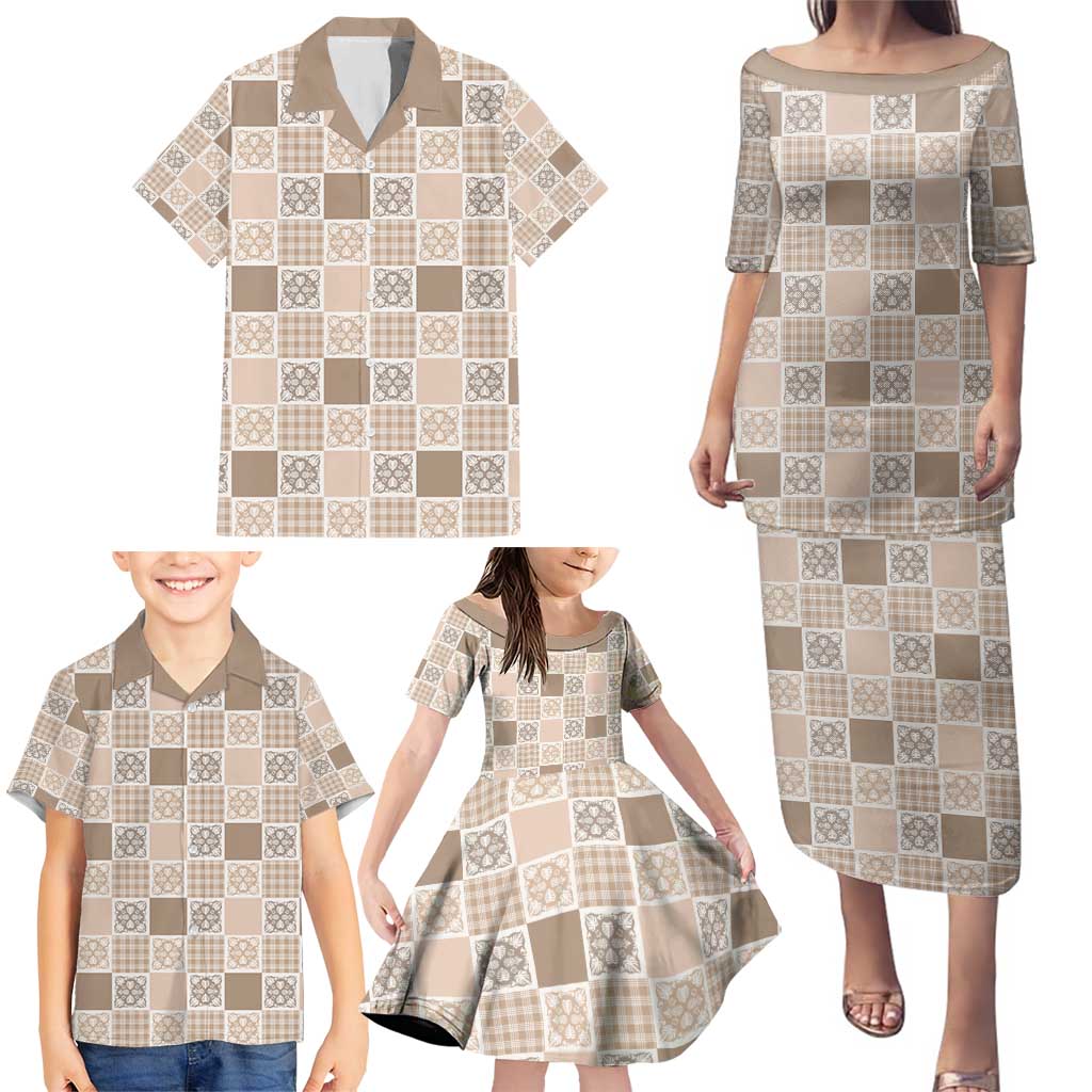 Hawaiian Palaka Quilt Pattern Family Matching Puletasi and Hawaiian Shirt Hawaii Culture Tropical Flowers Mix - Polynesian Pride