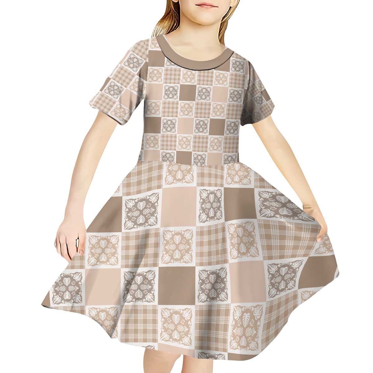 Hawaiian Palaka Quilt Pattern Kid Short Sleeve Dress Hawaii Culture Tropical Flowers Mix - Polynesian Pride