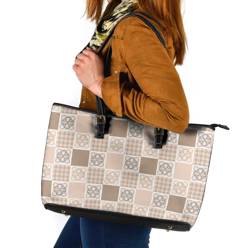 Hawaiian Palaka Quilt Pattern Leather Tote Bag Hawaii Culture Tropical Flowers Mix - Polynesian Pride