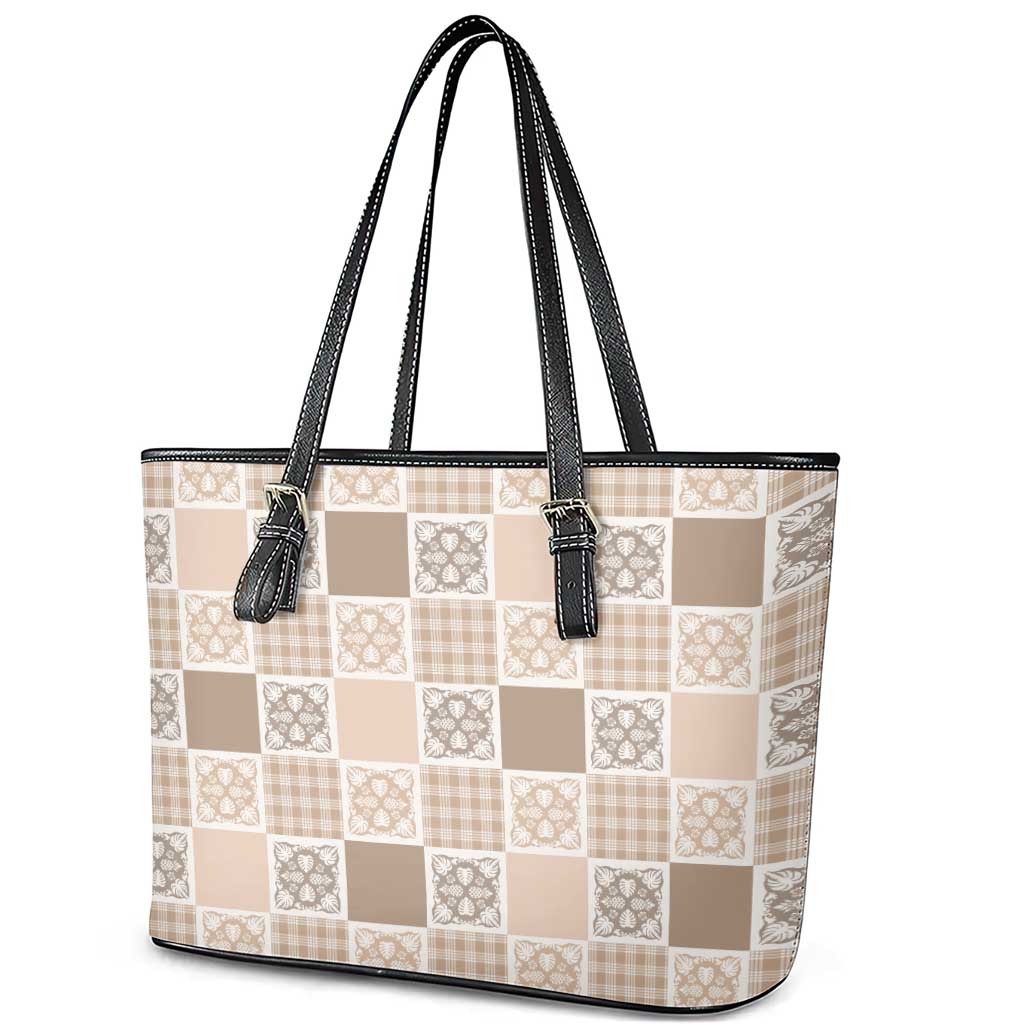 Hawaiian Palaka Quilt Pattern Leather Tote Bag Hawaii Culture Tropical Flowers Mix - Polynesian Pride