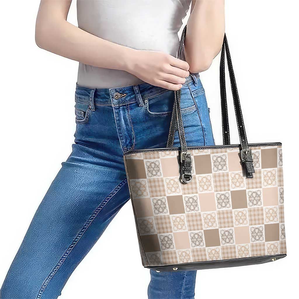 Hawaiian Palaka Quilt Pattern Leather Tote Bag Hawaii Culture Tropical Flowers Mix - Polynesian Pride