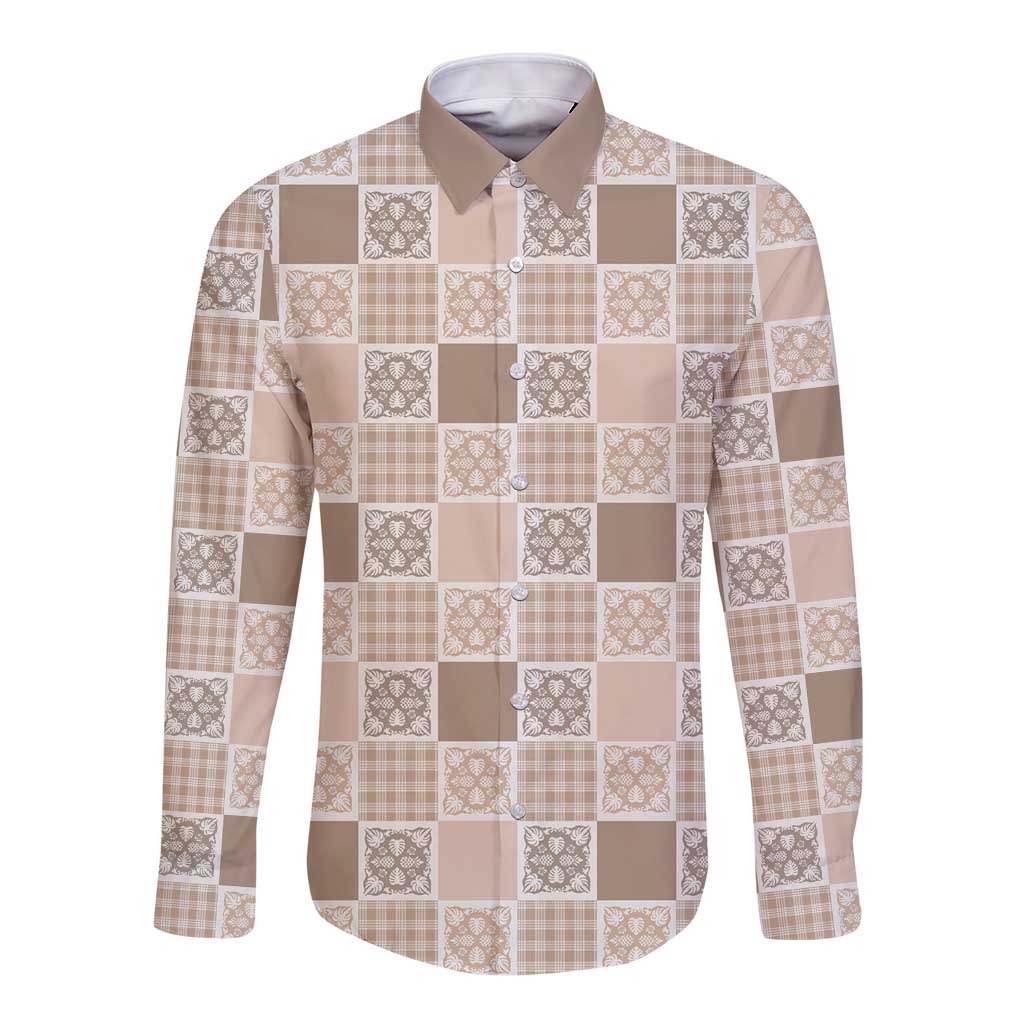 Hawaiian Palaka Quilt Pattern Long Sleeve Button Shirt Hawaii Culture Tropical Flowers Mix - Polynesian Pride