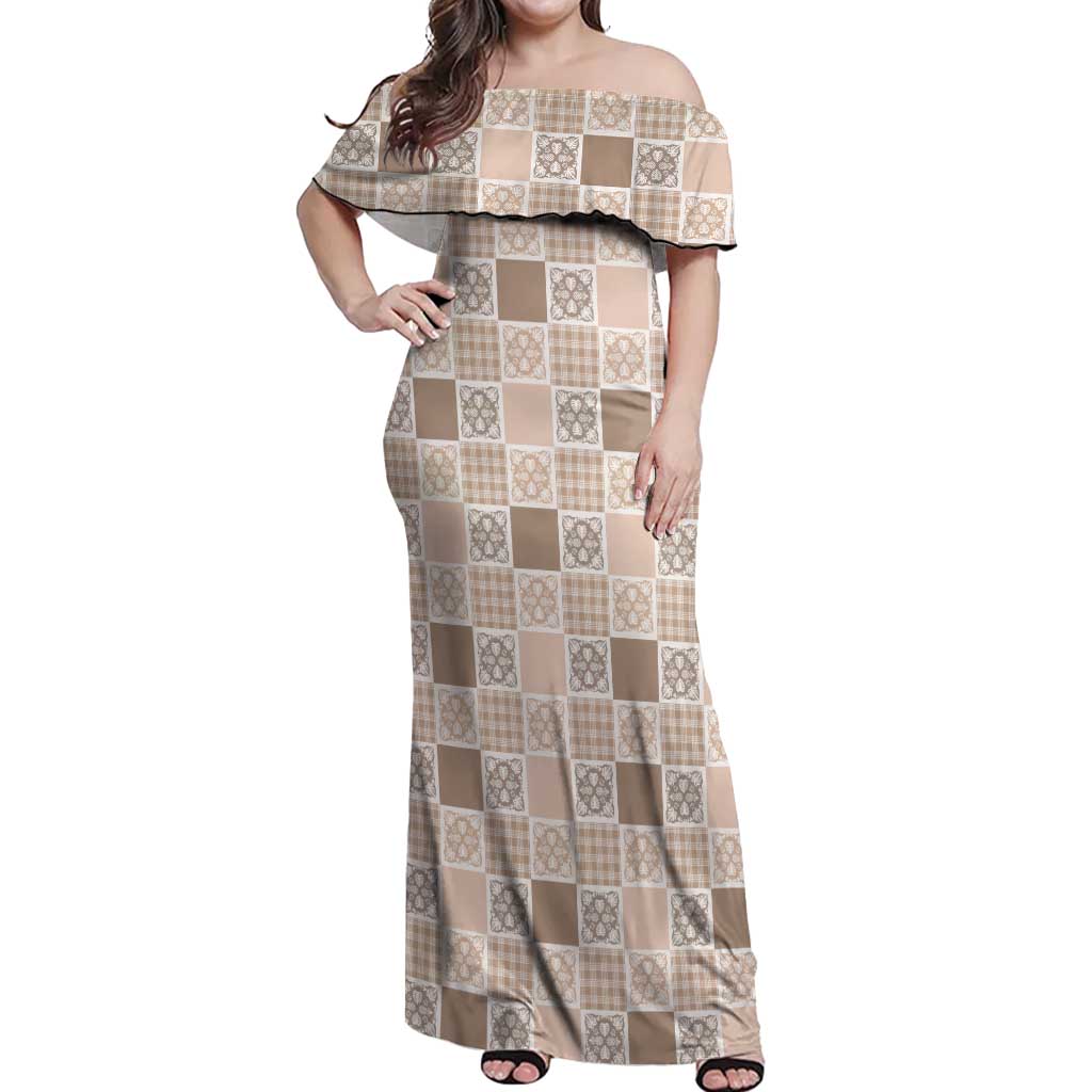 Hawaiian Palaka Quilt Pattern Off Shoulder Maxi Dress Hawaii Culture Tropical Flowers Mix - Polynesian Pride